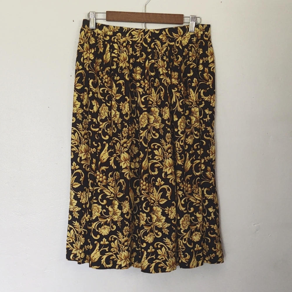 Vintage 100% Rayon Midi Skirt Baroque print  Gold and Black sz 5/6 Women's